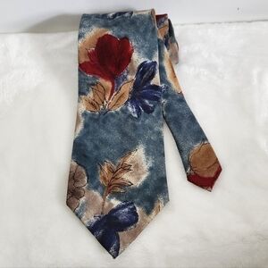 417 By Van Heusen Silk Floral Flower Blue Tan Burgundy Necktie Tie
